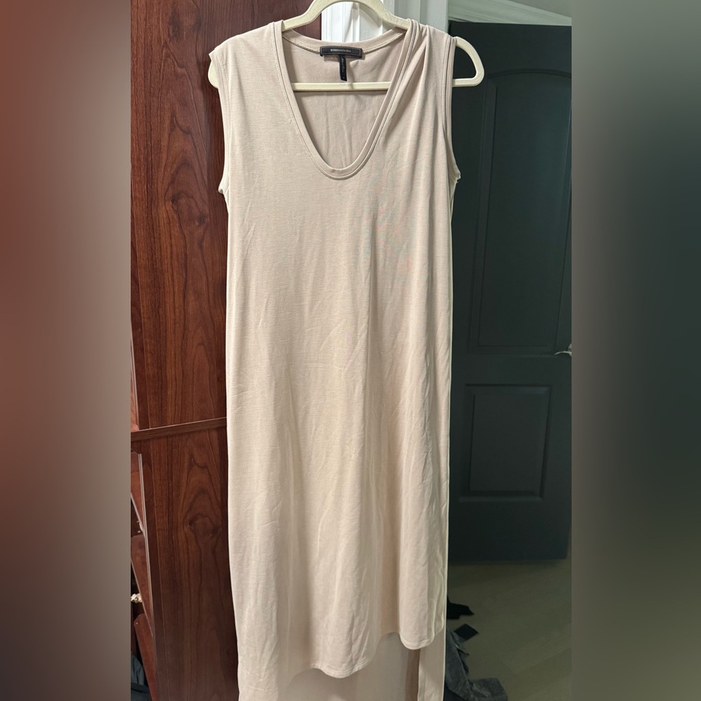 BCBGMaxAzria Beige maxi dress with Bodycon peekaboo
